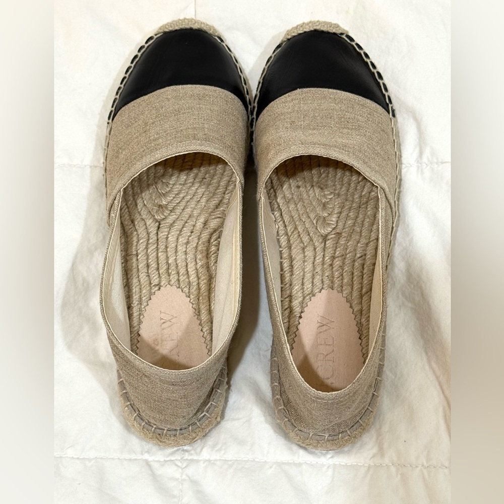 J. Crew Linen Espadrille Slip-Ons in Tan with Black Cap Toe Runs small